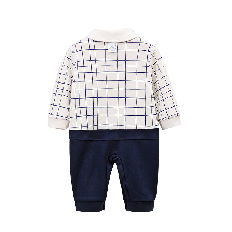 Infant Boys Navy Blue Checked Cotton Rompers
