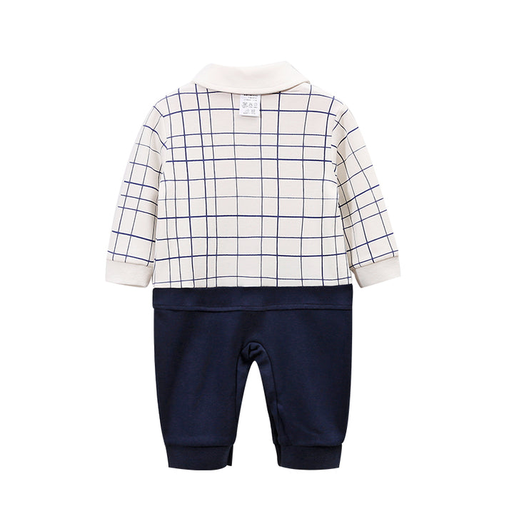 Infant Boys Navy Blue Checked Cotton Rompers