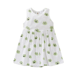 Girls White Conversational Printed Sleeveless Cotton Fit & Flare Maxi Dress