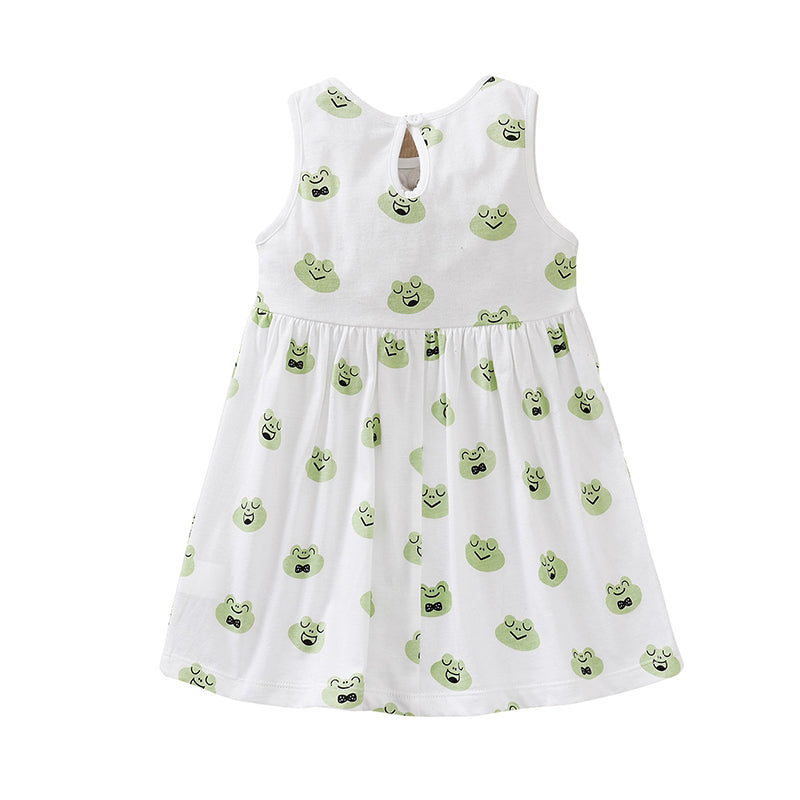 Girls White Conversational Printed Sleeveless Cotton Fit & Flare Maxi Dress