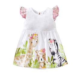 Girls White Conversational Printed Cotton Fit & Flare Dress