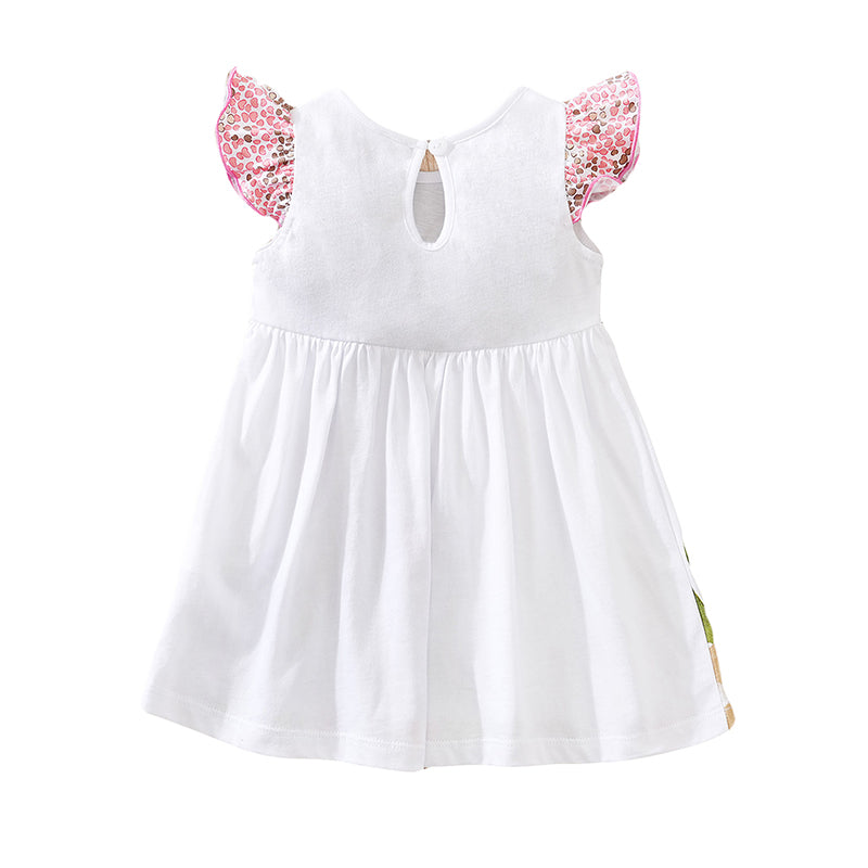 Girls White Conversational Printed Cotton Fit & Flare Dress