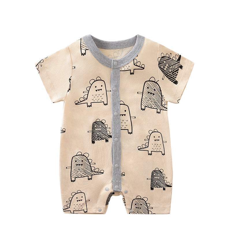 Infant Boys Beige Conversational Printed Cotton Rompers