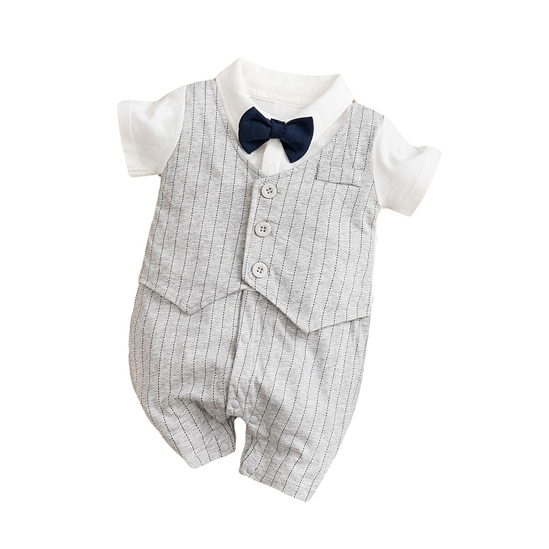 Infant Boys Grey & White Striped Cotton Rompers