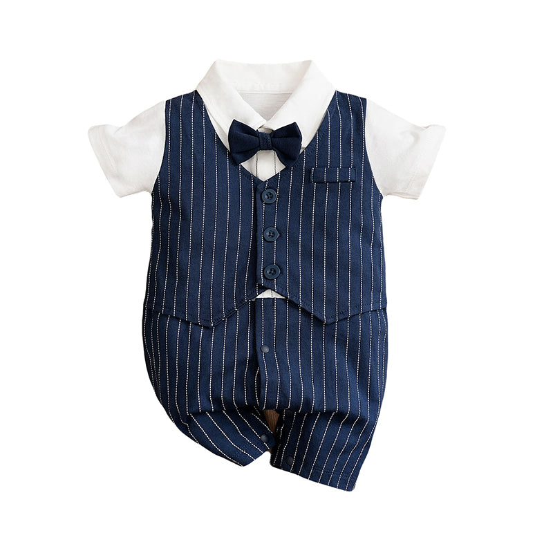Infant Boys Navy Blue Striped Spread Collar Pure Cotton Rompers