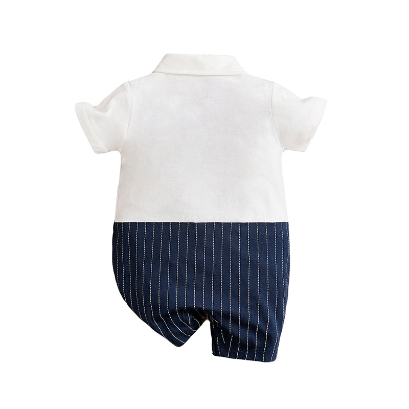 Infant Boys Navy Blue Striped Spread Collar Pure Cotton Rompers