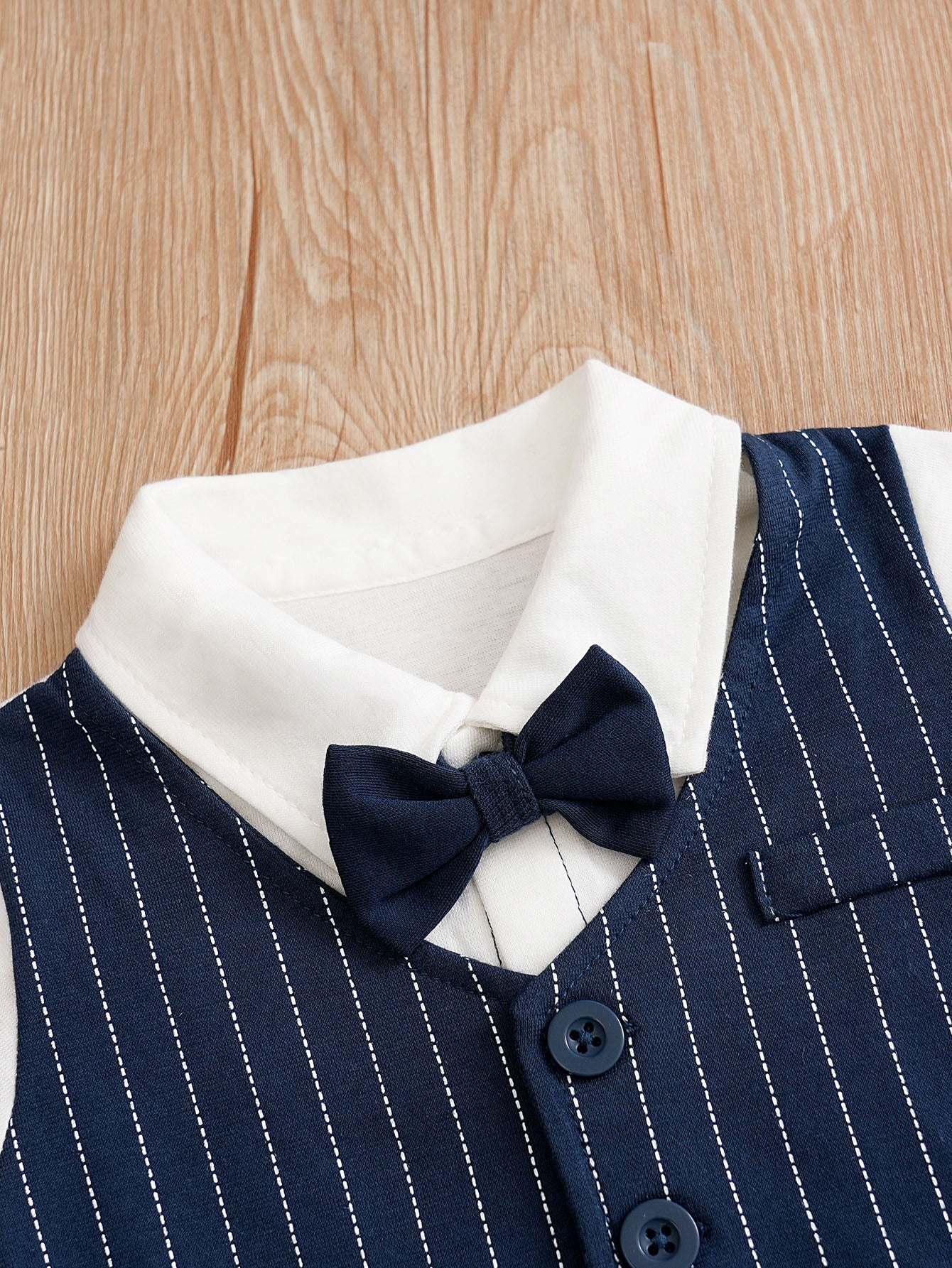 Infant Boys Navy Blue Striped Spread Collar Pure Cotton Rompers