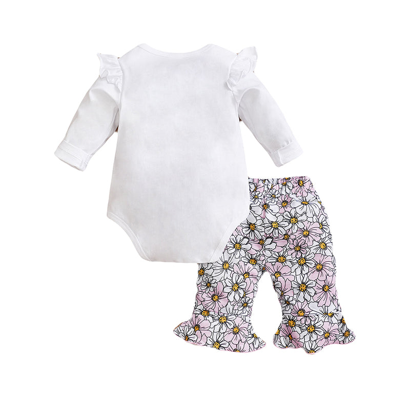 Girls White & Pink Typography Printed Ruffled Pure Cotton Leotard & Capris
