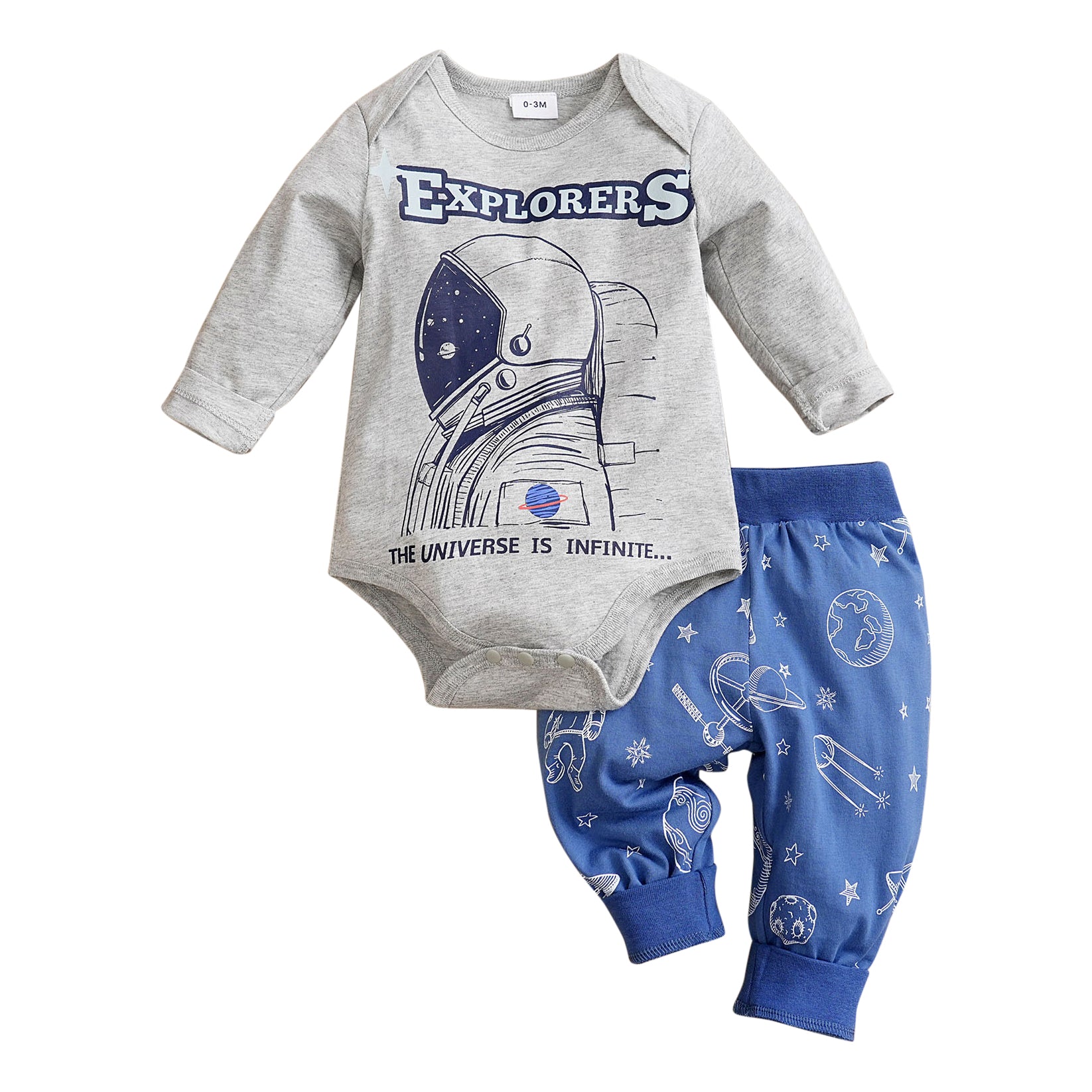 Infants Boys Grey & Blue Printed Pure Cotton Bodysuit with Joggers