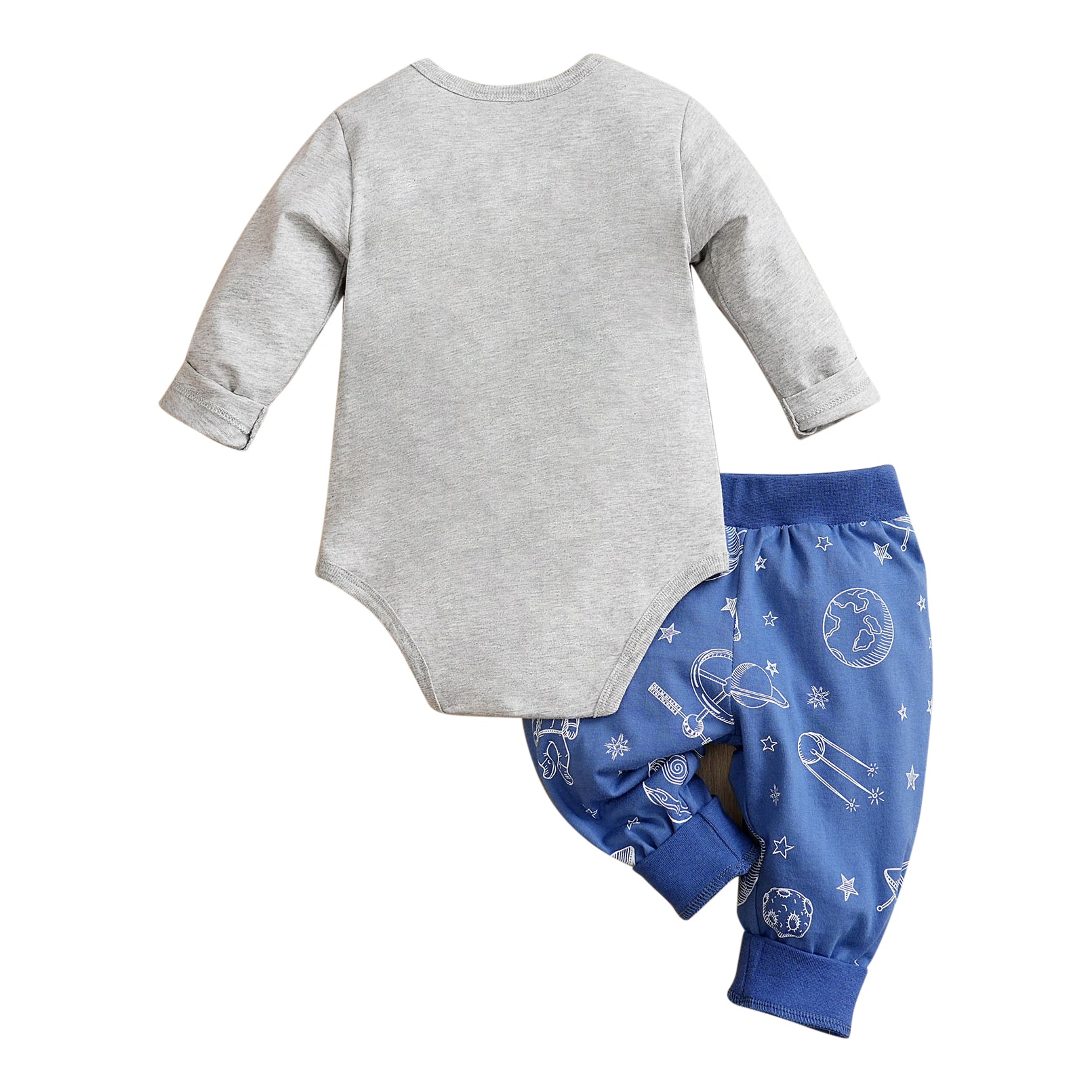 Infants Boys Grey & Blue Printed Pure Cotton Bodysuit with Joggers