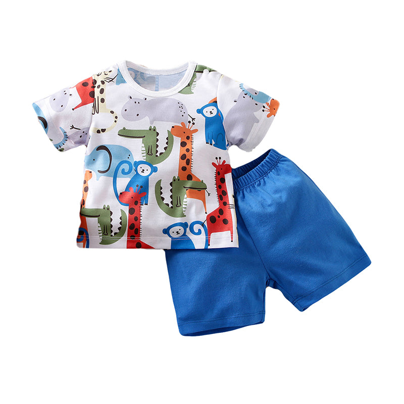 Boys White & Blue Printed Pure Cotton T-shirt with Shorts