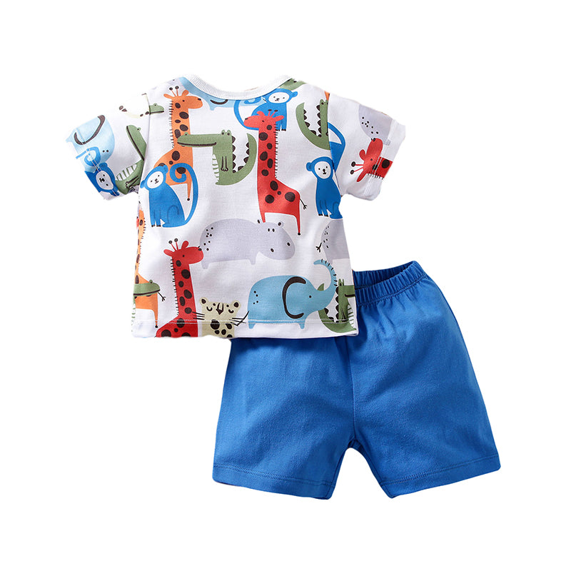 Boys White & Blue Printed Pure Cotton T-shirt with Shorts