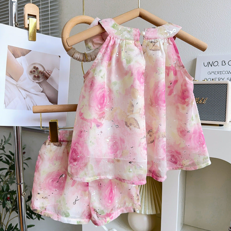 Girls Printed Sleeveless Top With Skirt