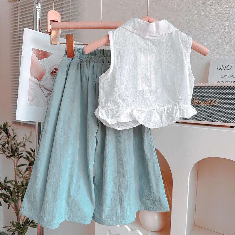 Girls Shirt Collar Organic Cotton Top With Trousers