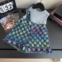 Girls Striped Round Neck Sleeveless Pure Cotton Top With Skirt