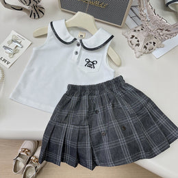 Girls Typography Printed Shirt Collar Pure Cotton Top With Skirt