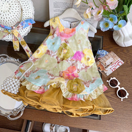 Girls Floral Printed Shoulder Straps A-Line Dress