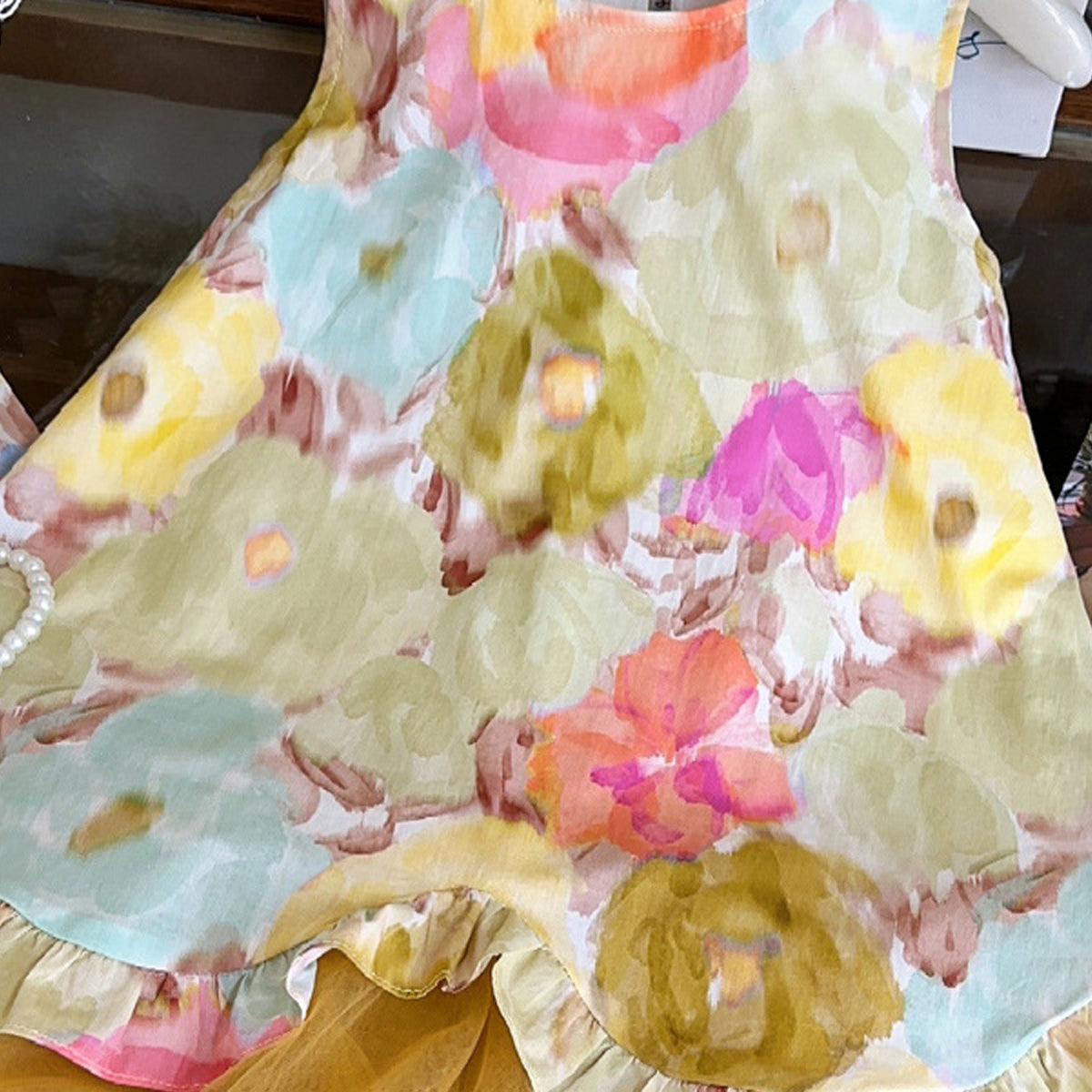 Girls Floral Printed Shoulder Straps A-Line Dress