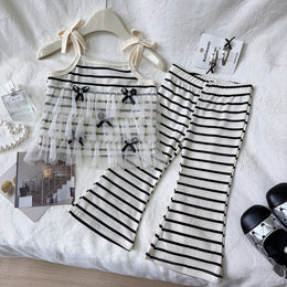 Girls Striped Shoulder Straps Top With Trousers