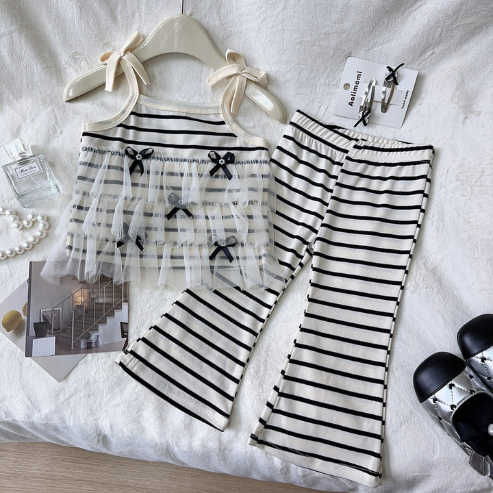 Girls Striped Shoulder Straps Top With Trousers