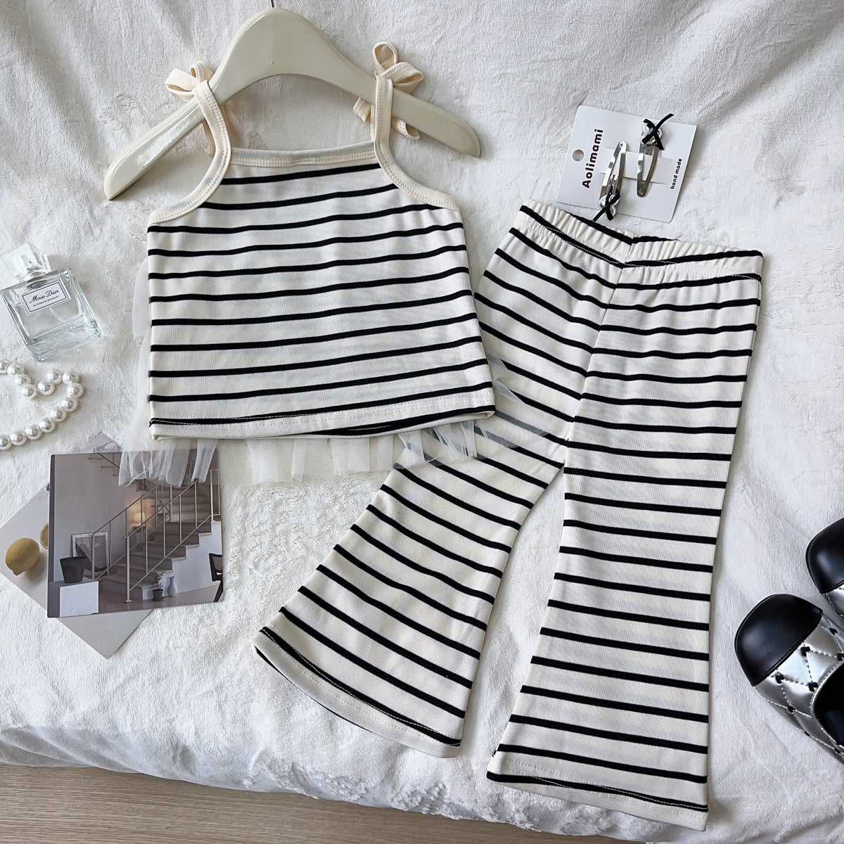 Girls Striped Shoulder Straps Top With Trousers