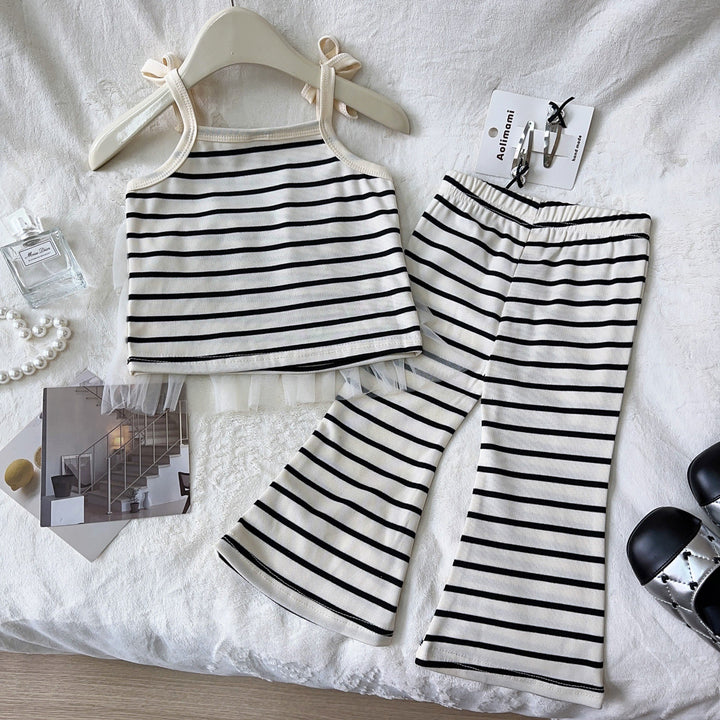 Girls Striped Shoulder Straps Top With Trousers