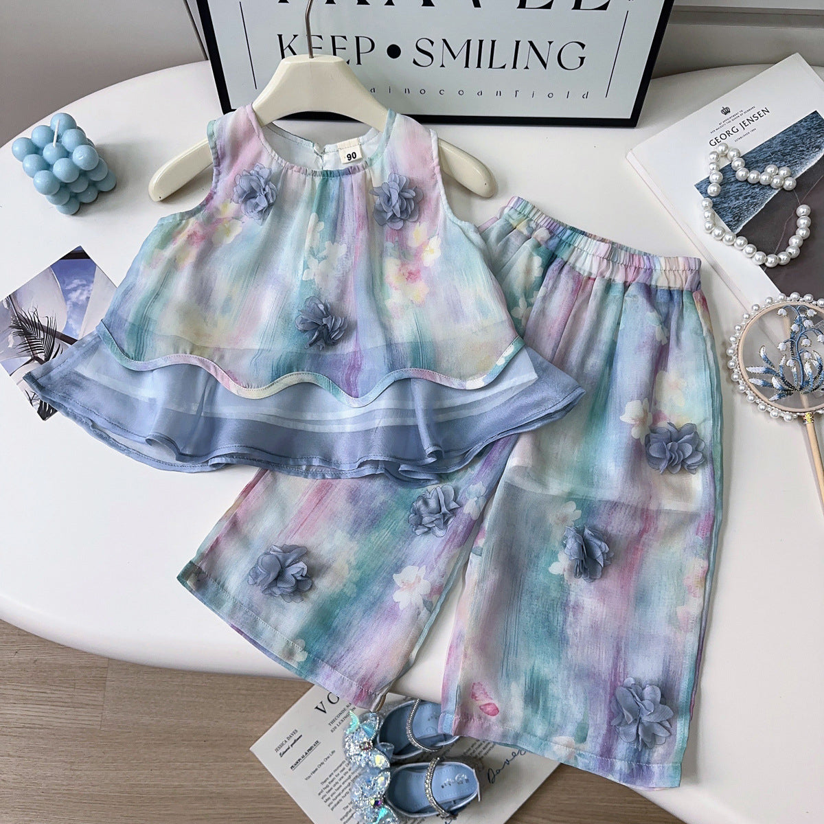 Girls Dyed Round Neck Top With Trousers