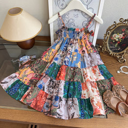 Girls Floral Print Shoulder Straps A-Line Dress