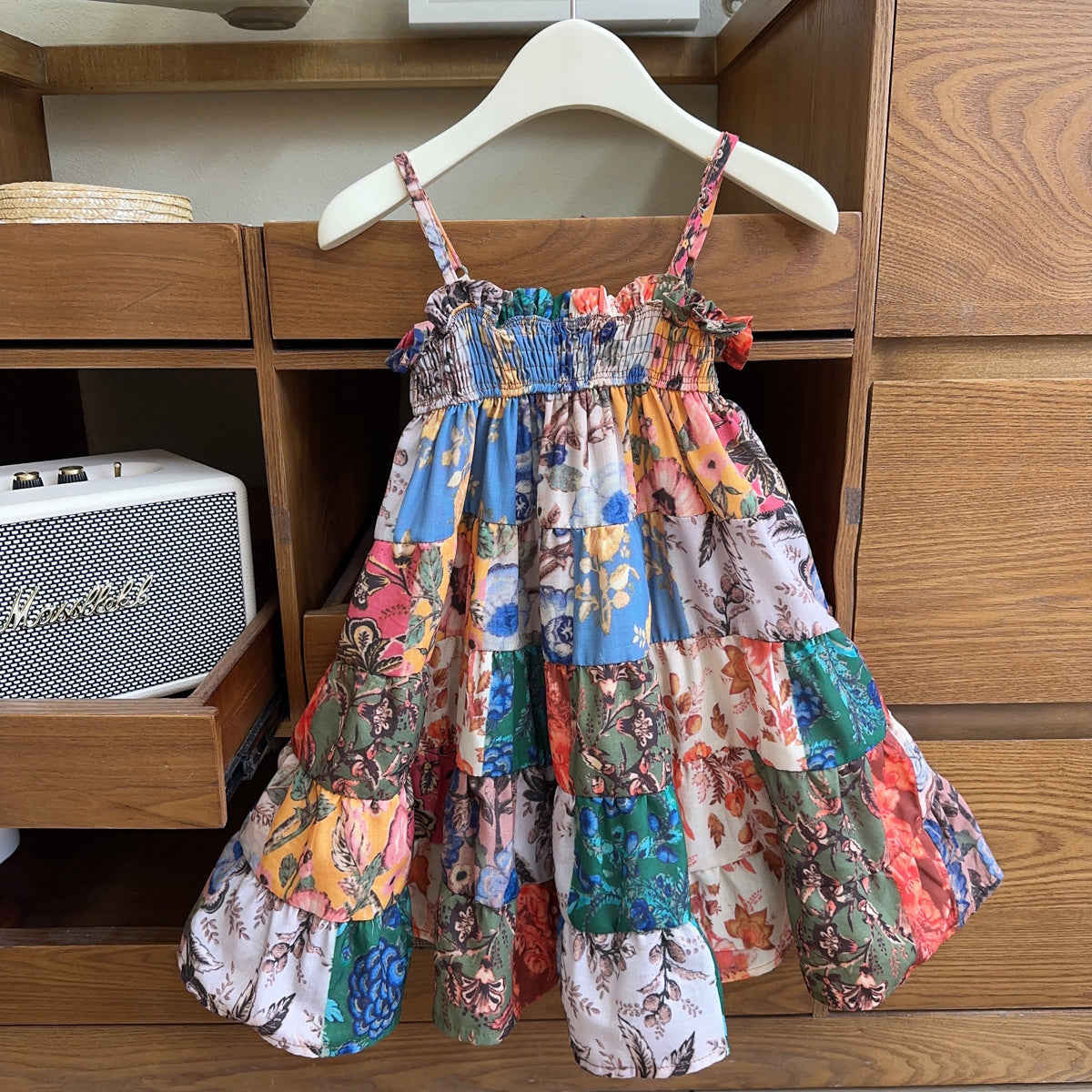 Girls Floral Print Shoulder Straps A-Line Dress