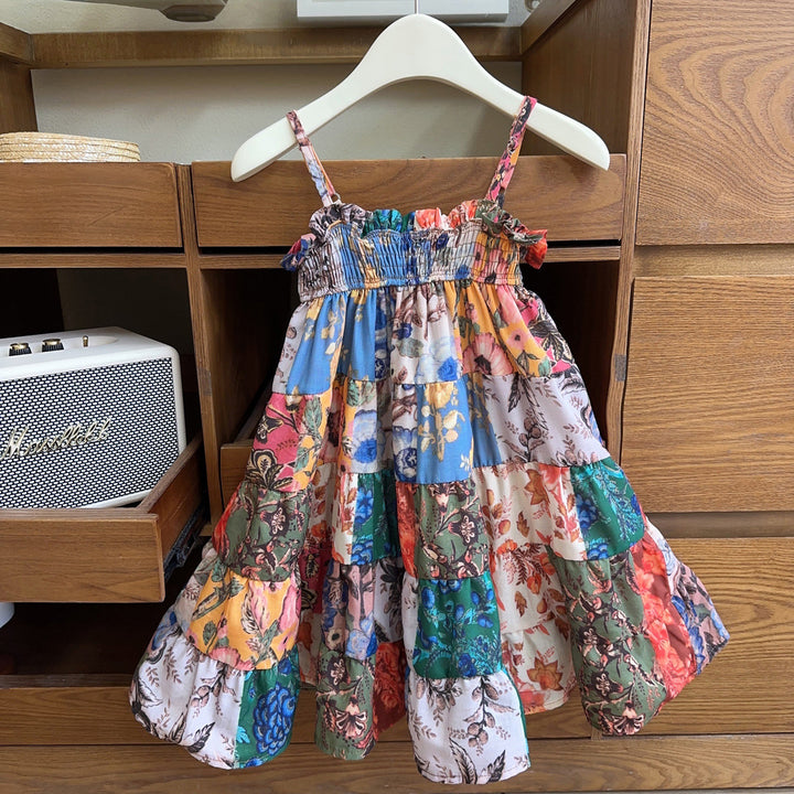 Girls Floral Print Shoulder Straps A-Line Dress