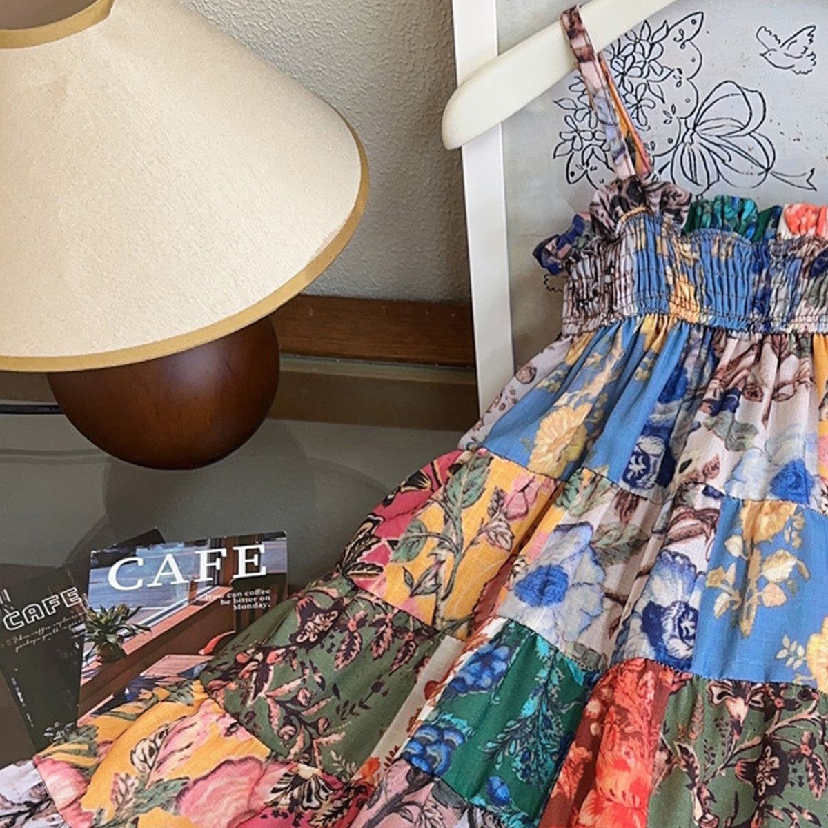 Girls Floral Print Shoulder Straps A-Line Dress