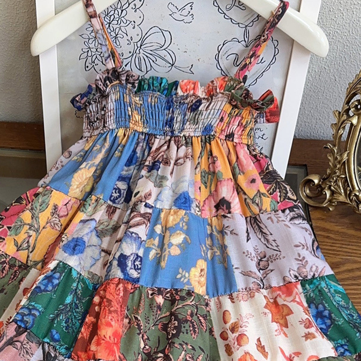 Girls Floral Print Shoulder Straps A-Line Dress