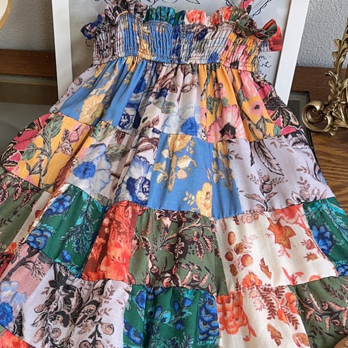 Girls Floral Print Shoulder Straps A-Line Dress