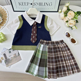 Girls Colourblocked Polo Collar T-shirt With Skirt