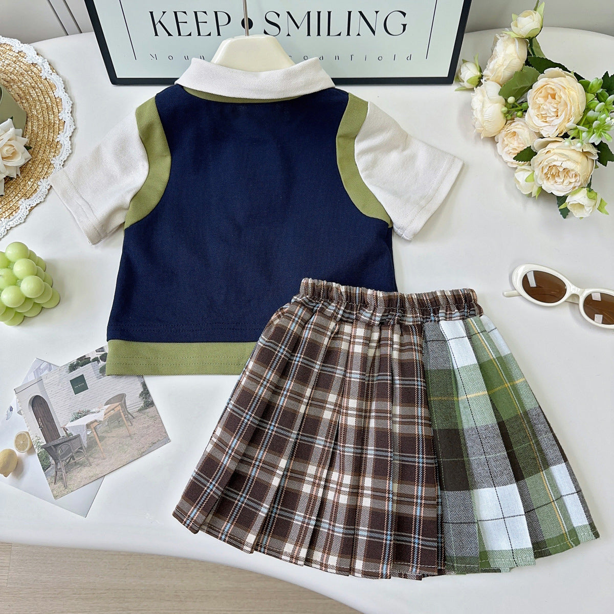 Girls Colourblocked Polo Collar T-shirt With Skirt