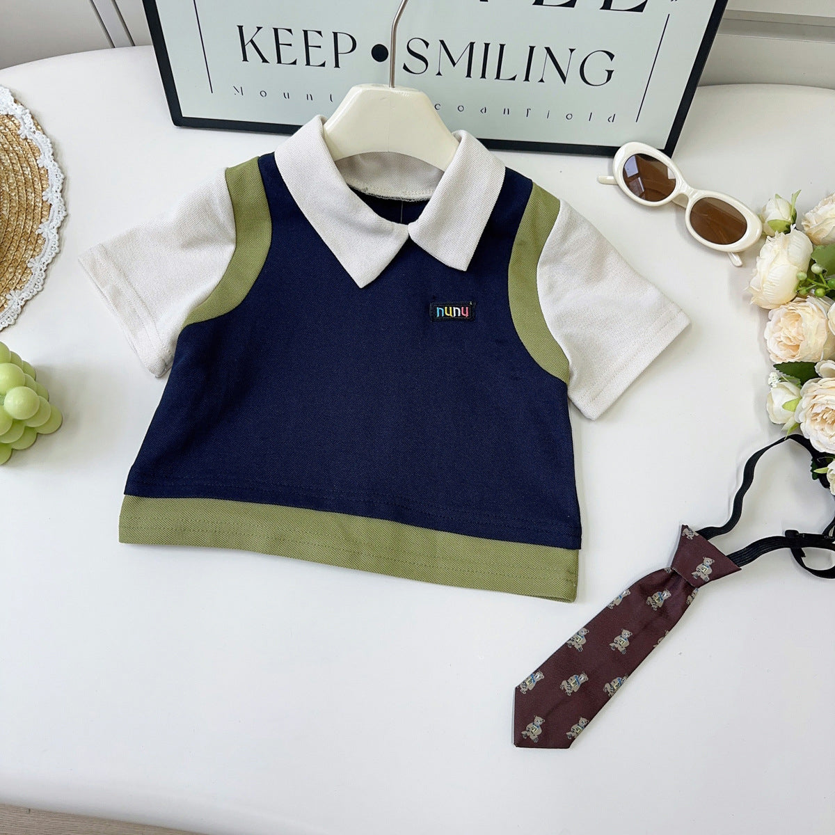 Girls Colourblocked Polo Collar T-shirt With Skirt