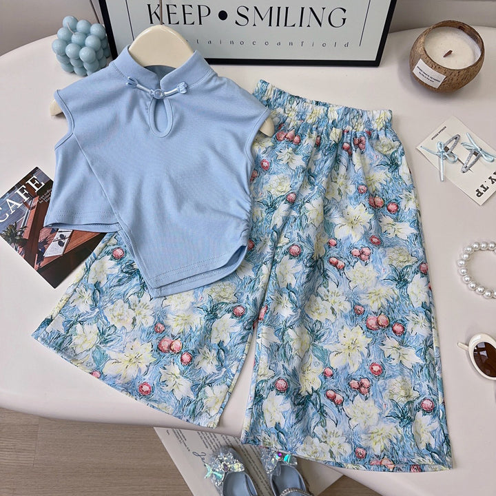 Girls Mandarin Collar Top With Palazzo