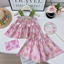 Girls Printed Shoulder Straps Top With Skirt