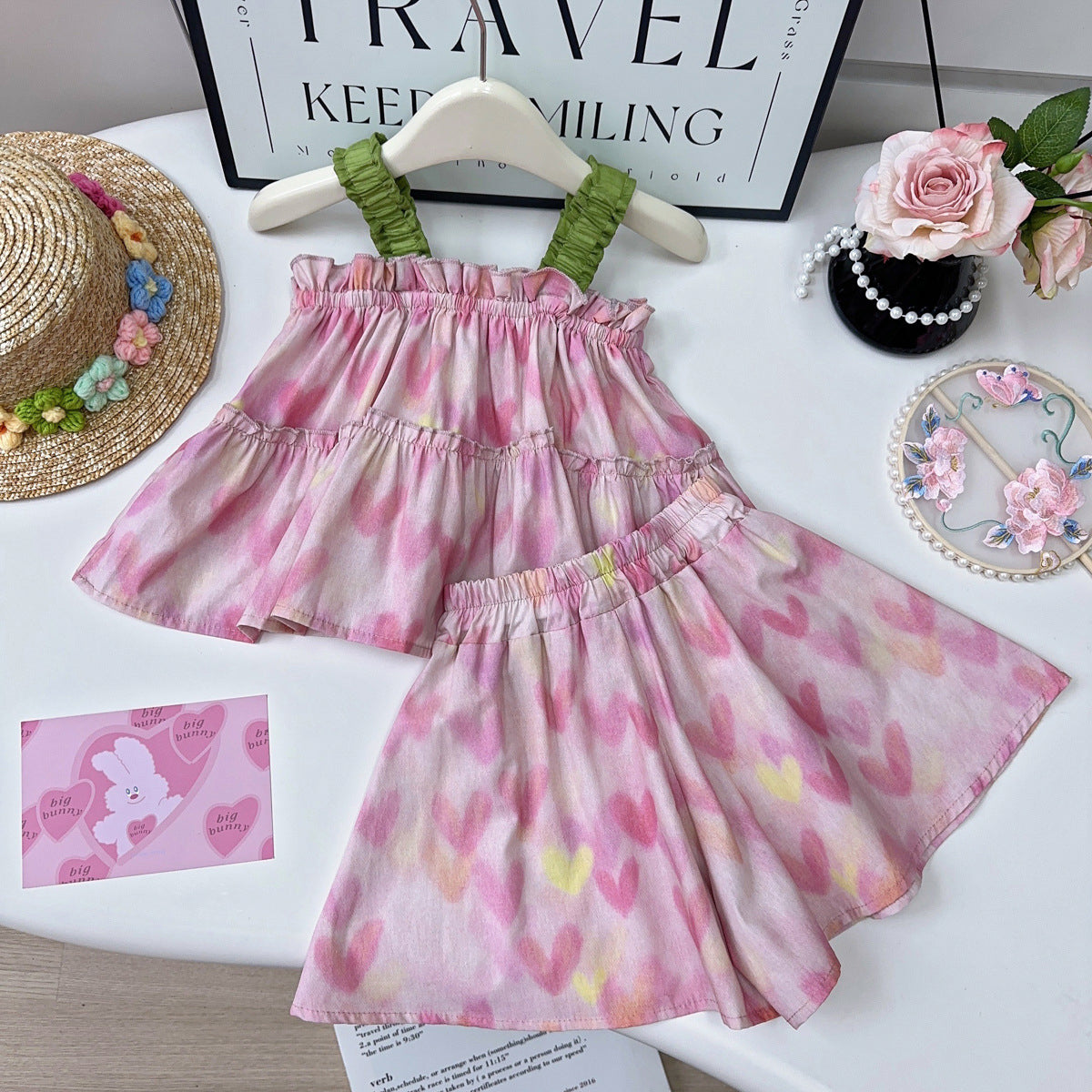 Girls Printed Shoulder Straps Top With Skirt