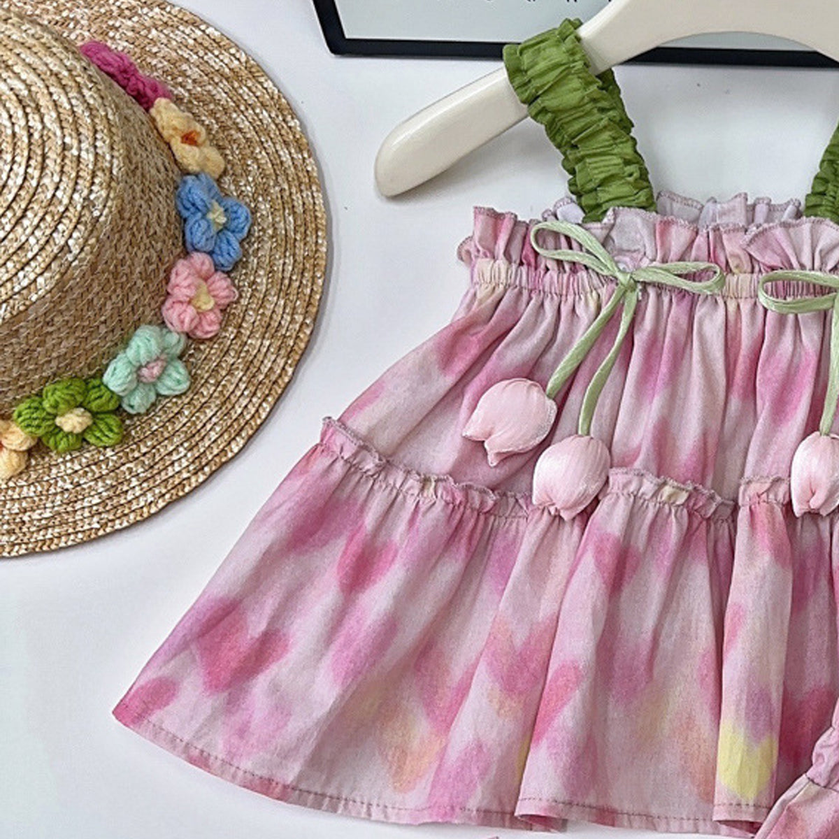 Girls Printed Shoulder Straps Top With Skirt