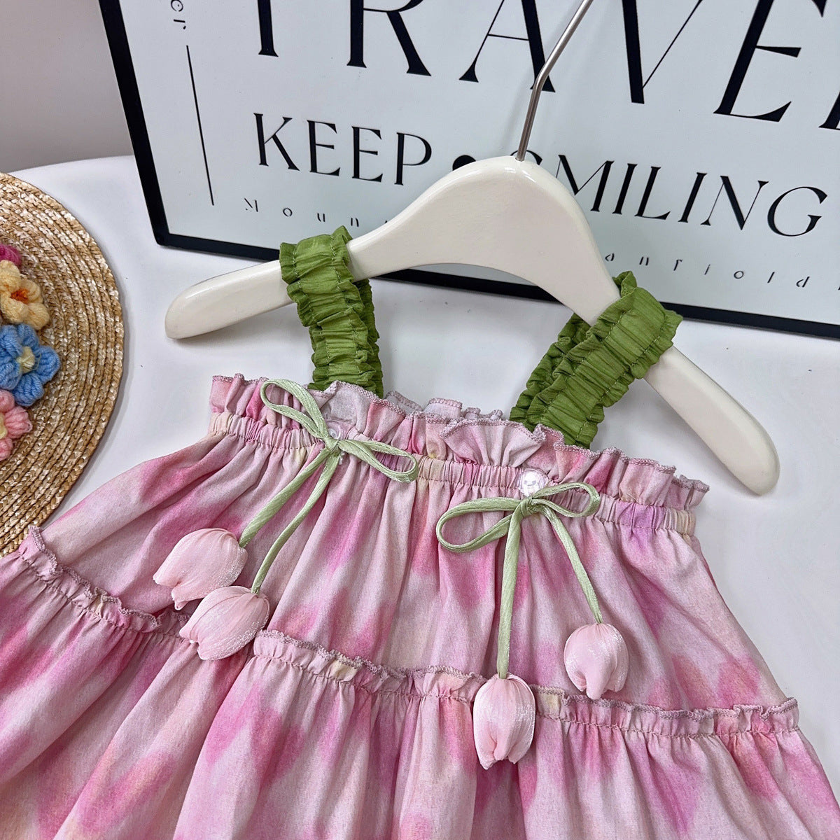 Girls Printed Shoulder Straps Top With Skirt