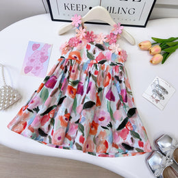 Girls Abstract Print Applique A-Line Dress