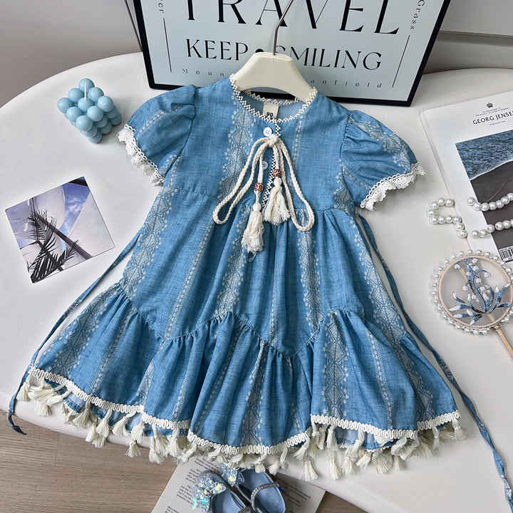 Girls Ethnic Motifs Print Puff Sleeve A-Line Dress