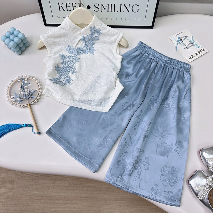 Girls Embroidered Mandarin Collar Top With Trousers