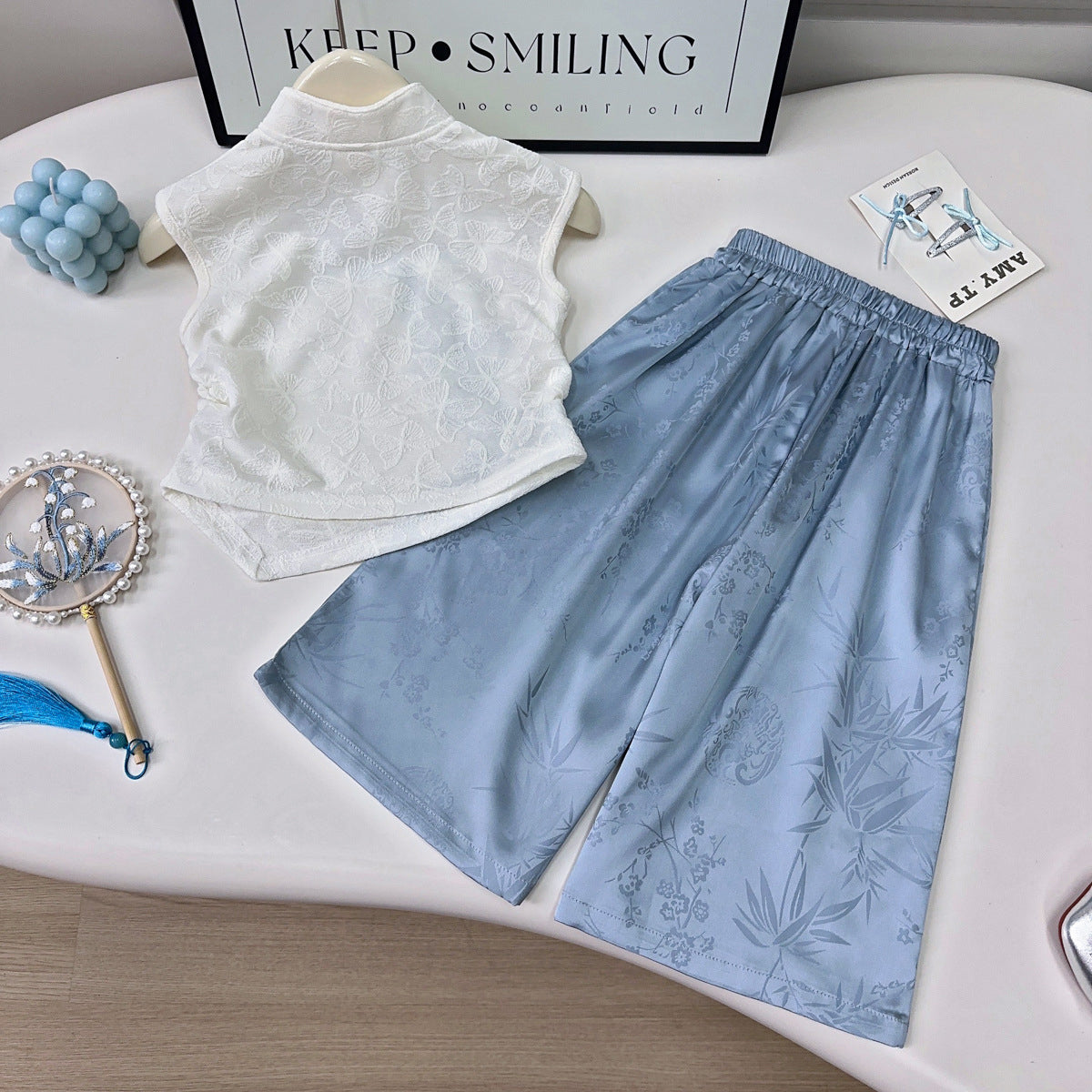 Girls Embroidered Mandarin Collar Top With Trousers