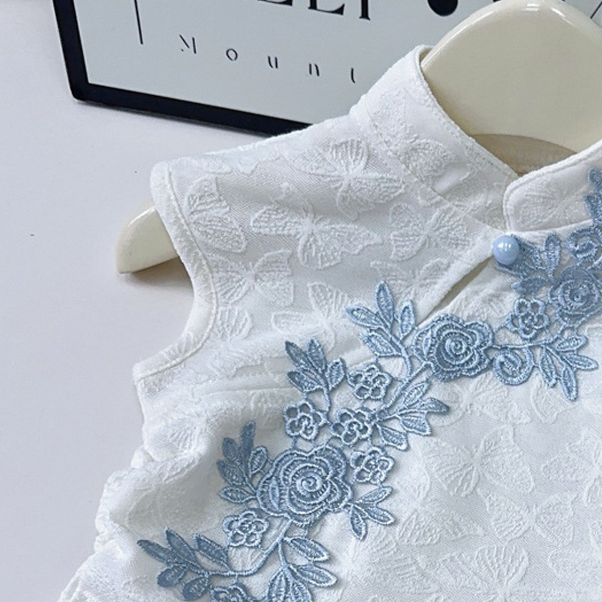 Girls Embroidered Mandarin Collar Top With Trousers