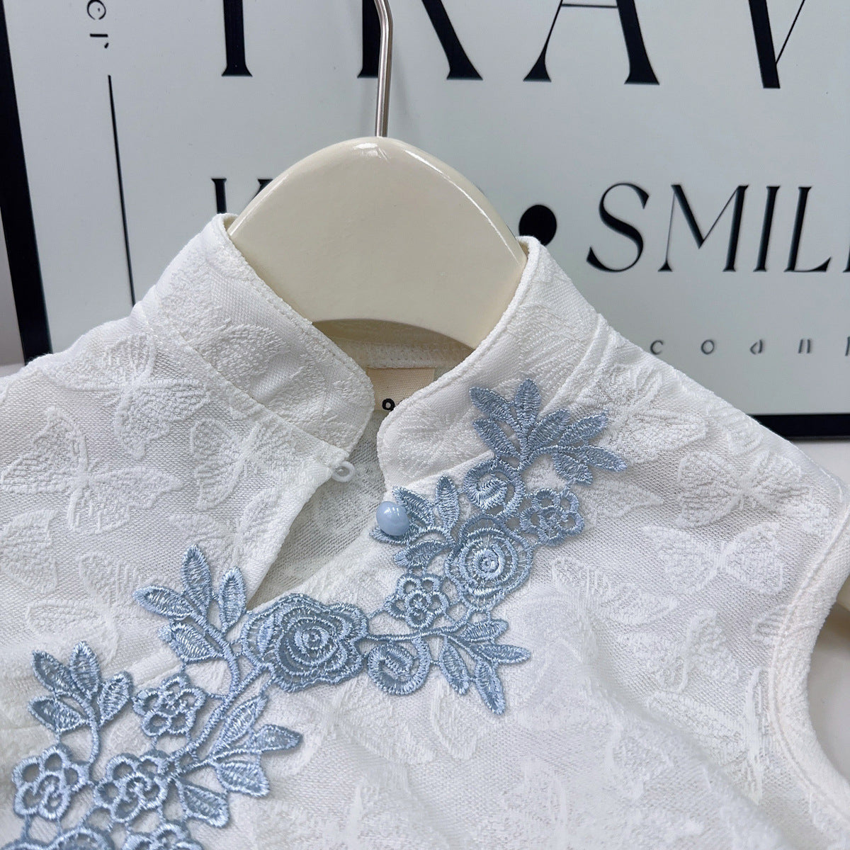 Girls Embroidered Mandarin Collar Top With Trousers