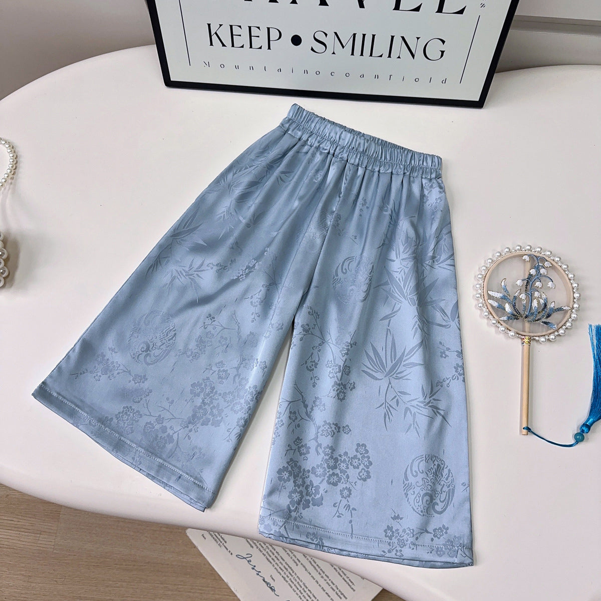 Girls Embroidered Mandarin Collar Top With Trousers