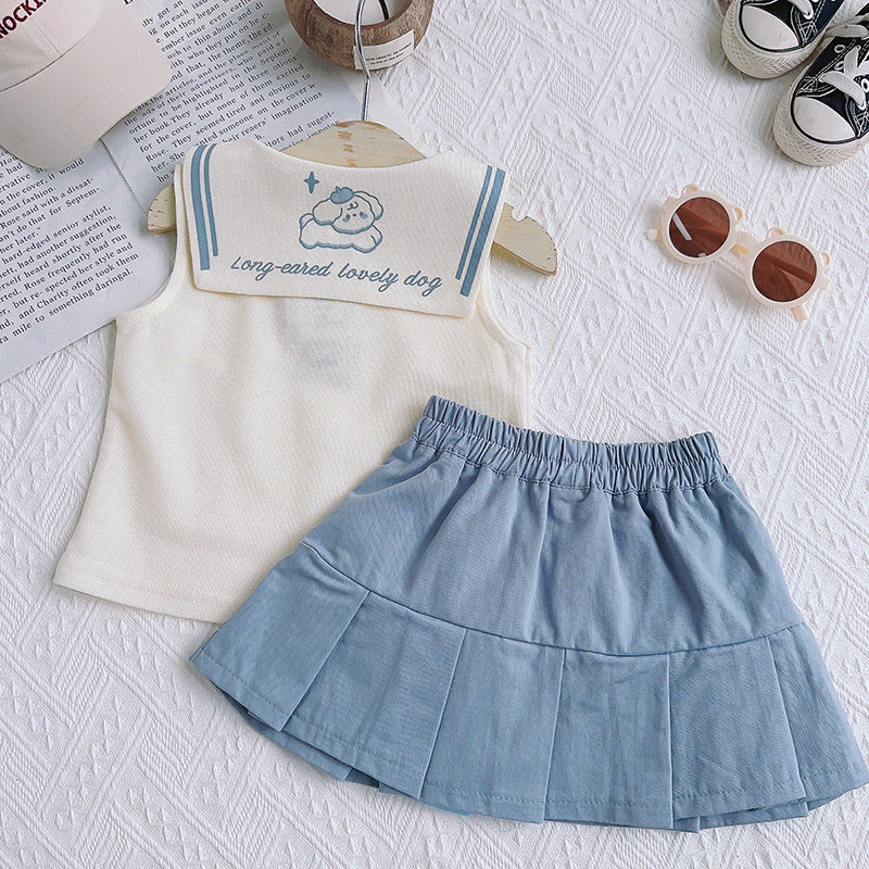Girls Peter Pan Collar Organic Cotton T-shirt With Skirt