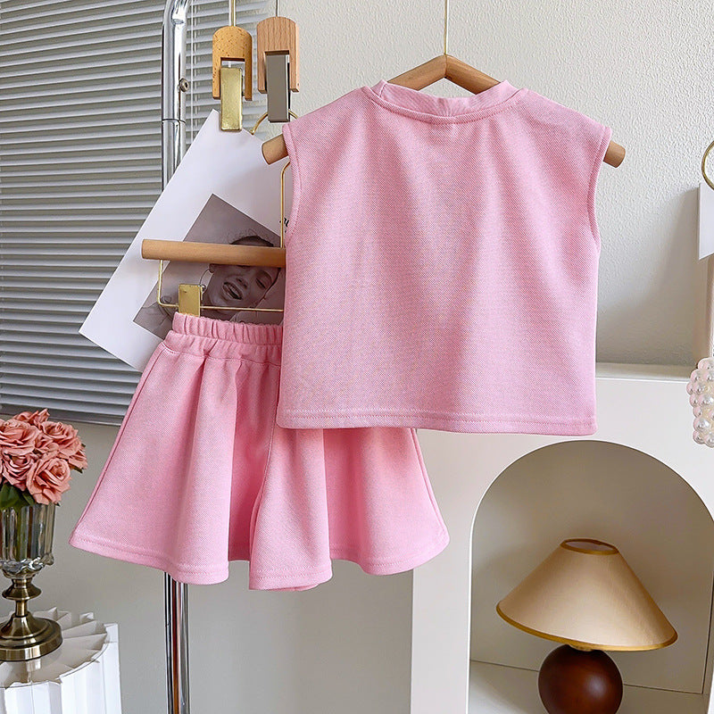 Girls Sleeveless Pure Cotton T-shirt With Skirt